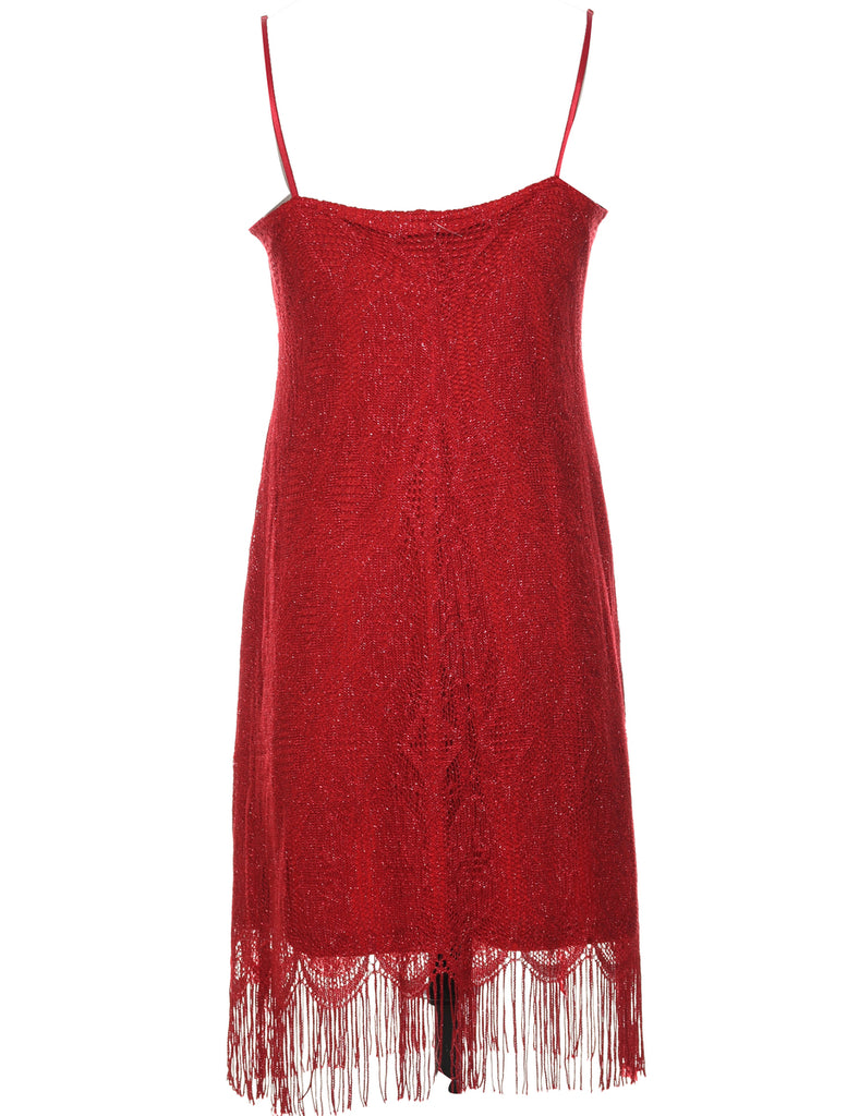 Red Sparkly 1990s Lace Strappy Evening Dress - M