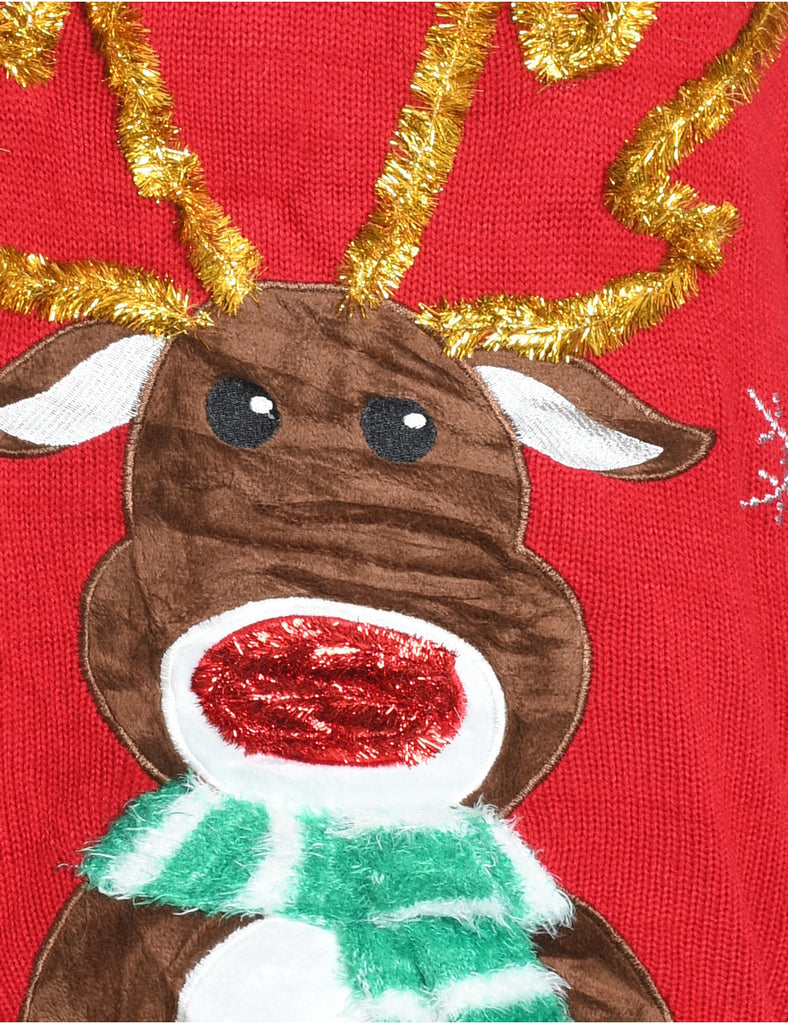 Reindeer Design Red & Green Knit Christmas Jumper - L