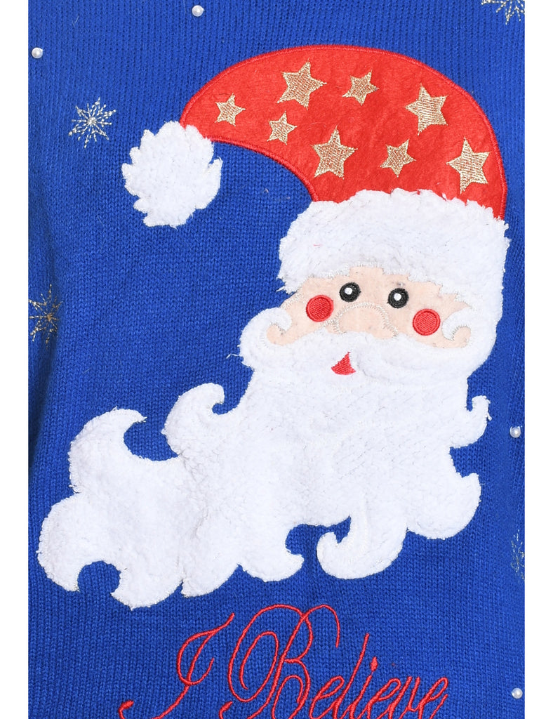 Santa Claus Blue Knit Christmas Jumper - M