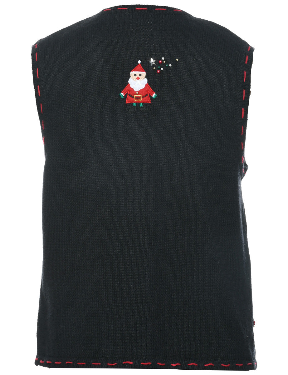 VTG Bellepoint Beach Santa Christmas shops Holiday Vest Black Knit Red Crochet Small