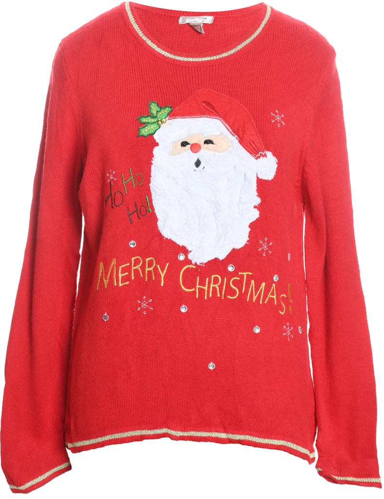 Santa Claus Design Red Knit Christmas Jumper - L