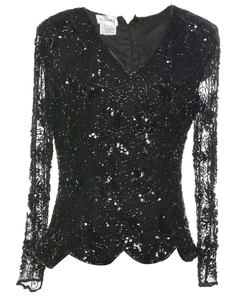 Sequined & Beaded Silk Party Top - M