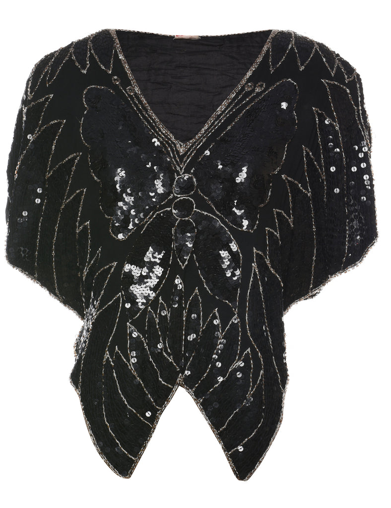 Sequined Black & Gold Butterfly Design Evening Top - M