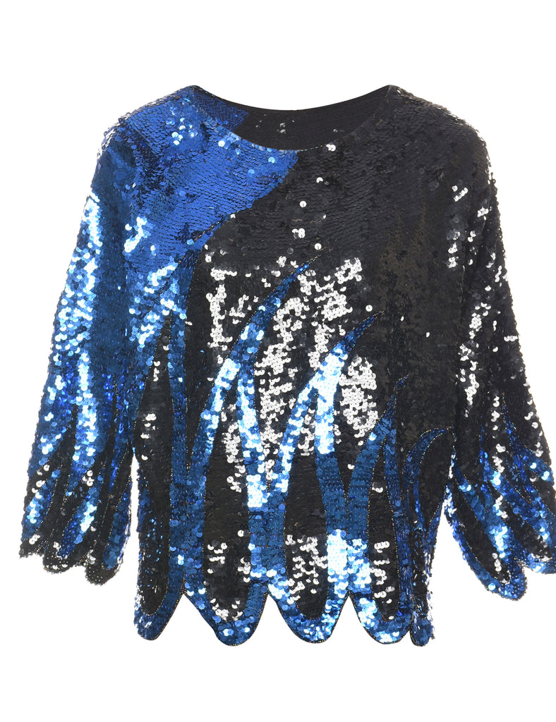 Sequined Blue & Black Scalloped Edge Evening Top - L