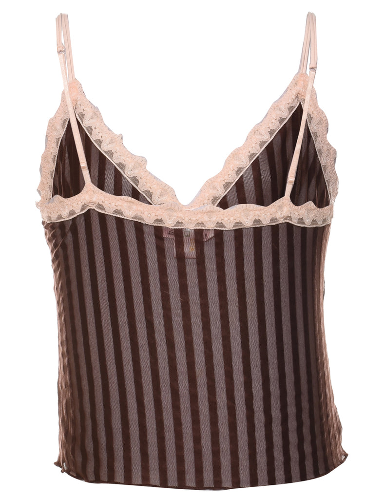 Sheer Striped Pattern Dark Brown Strappy Camisole - M