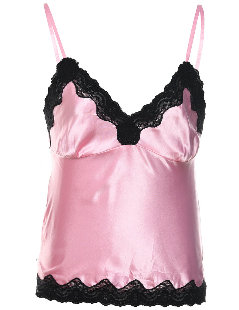 Shiny Pale Pink & Black Lace Trim Y2K Slip - M