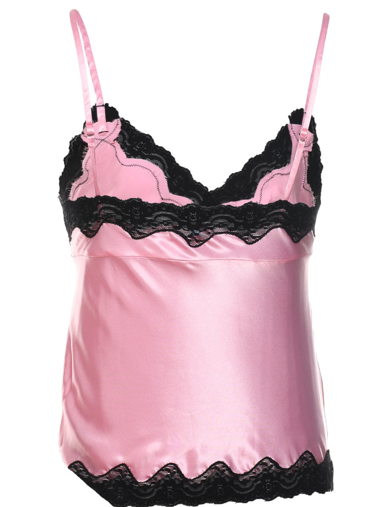 Shiny Pale Pink & Black Lace Trim Y2K Slip - M