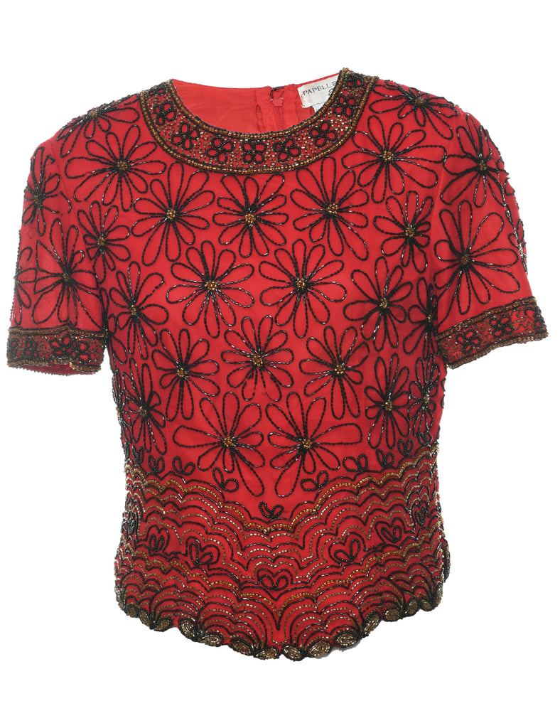 Silk Beaded Red Party Top - S