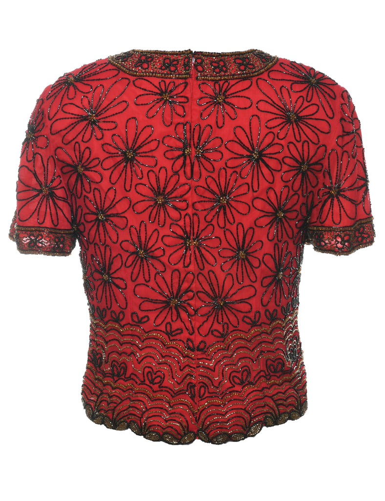 Silk Beaded Red Party Top - S