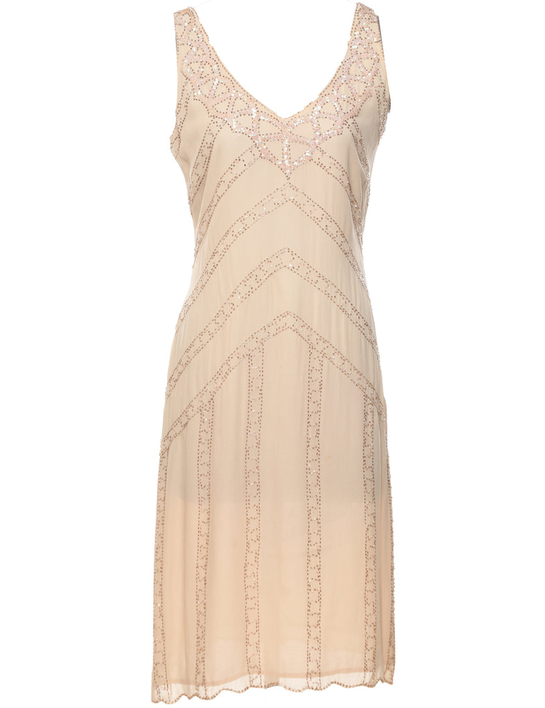 Silk Beige Sparkly Beaded Evening Dress - L