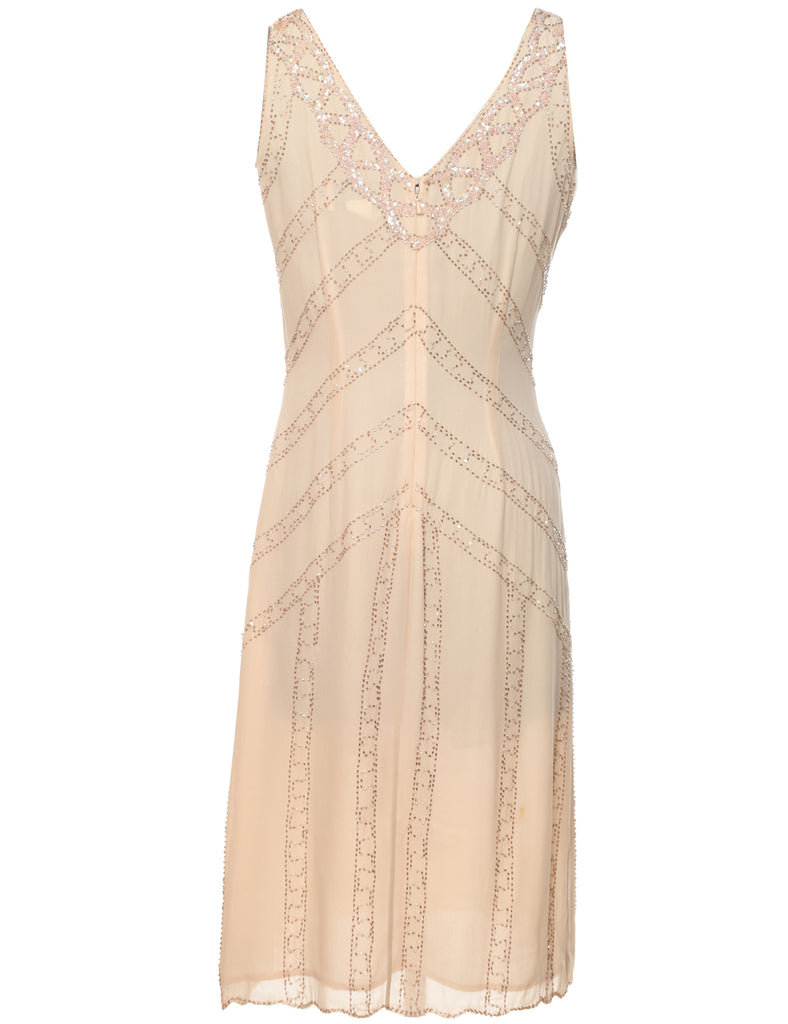 Silk Beige Sparkly Beaded Evening Dress - L