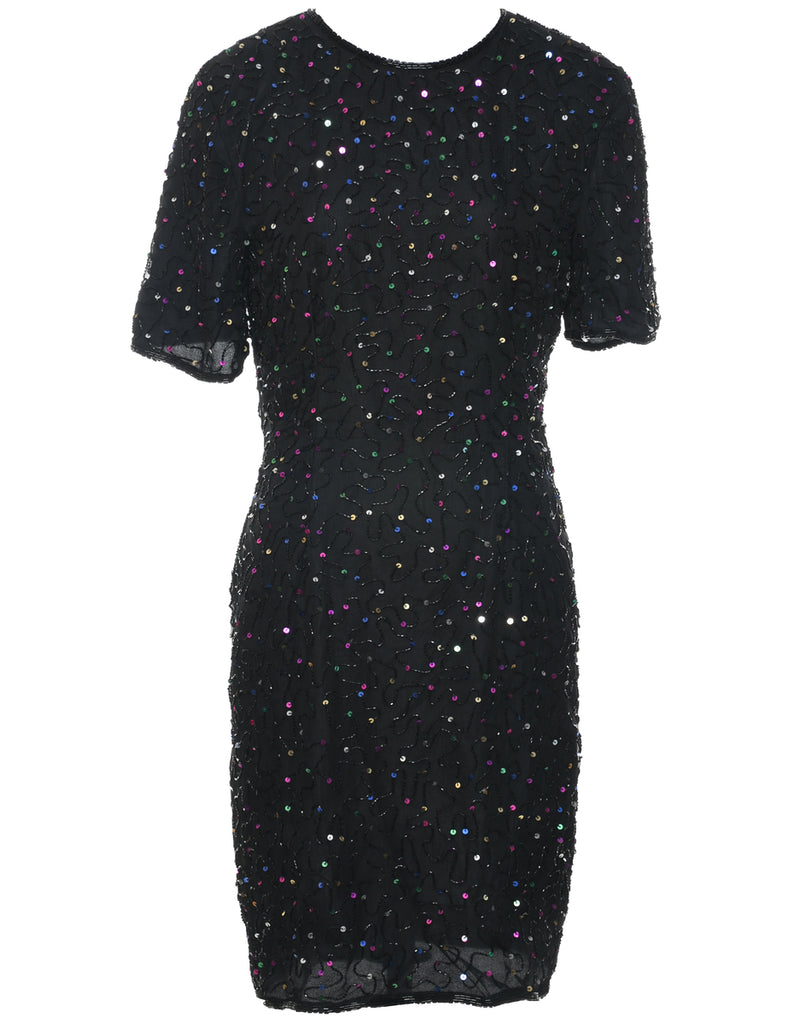 Silk Black Beaded Party Dress - M