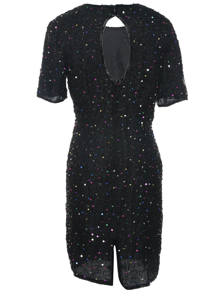 Silk Black Beaded Party Dress - M