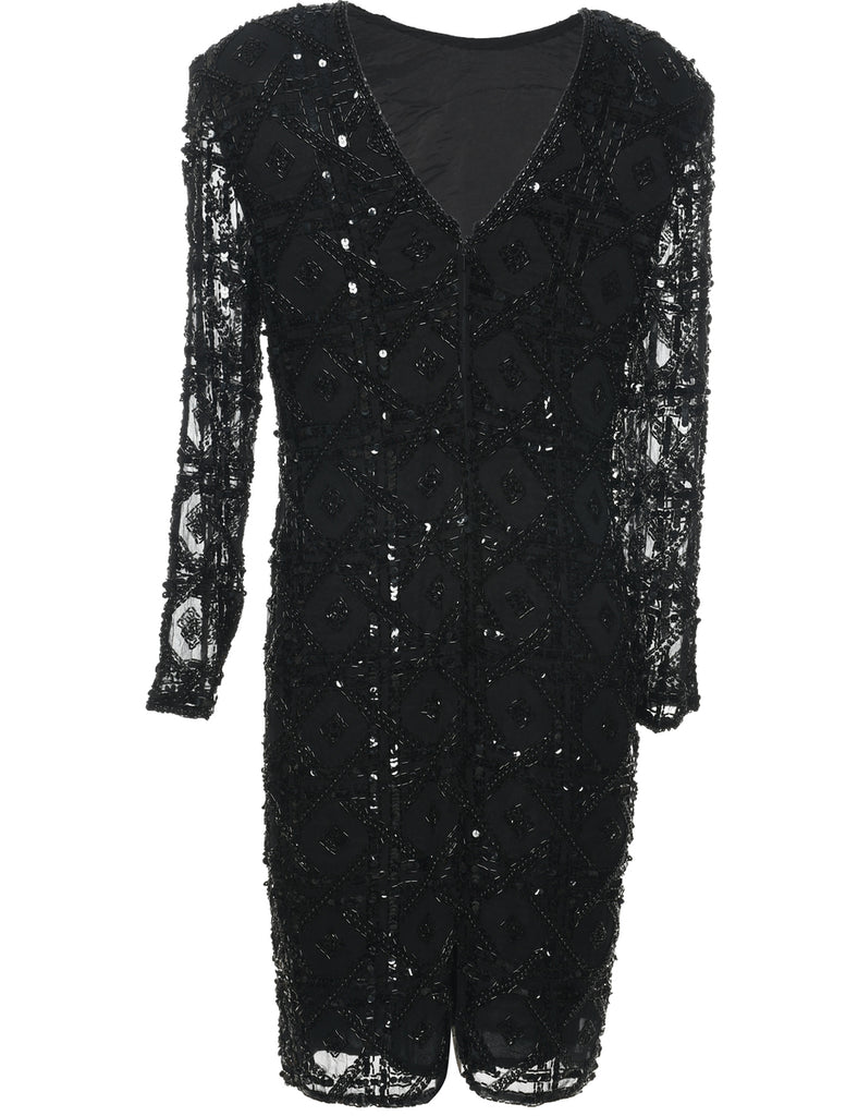 Silk Black Embellished Party Dress - M