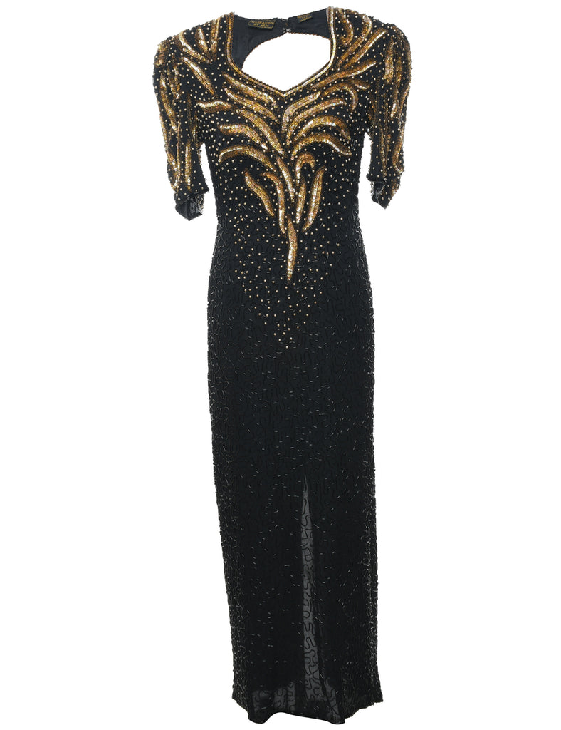 Silk Black & Gold 1980s Beaded Evening Dress - L