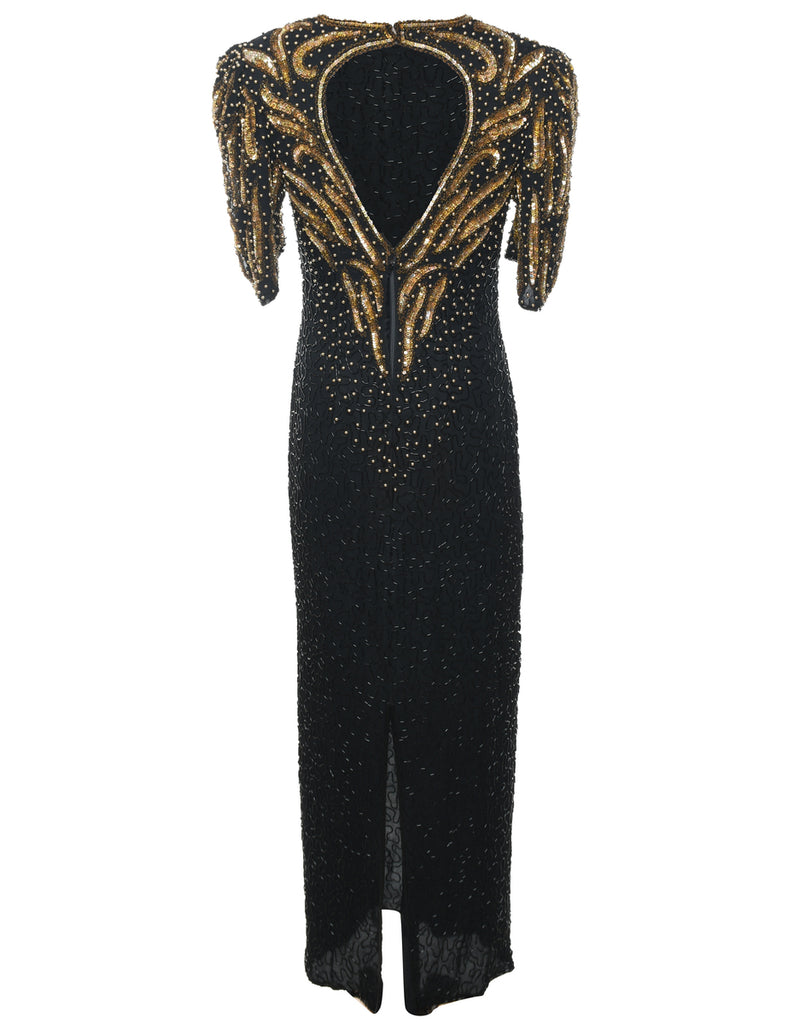 Silk Black & Gold 1980s Beaded Evening Dress - L