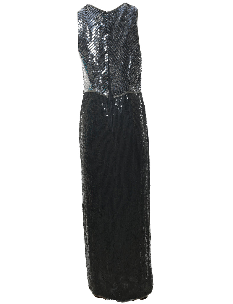 Silk Black Silver Sequined Evening Dress - M