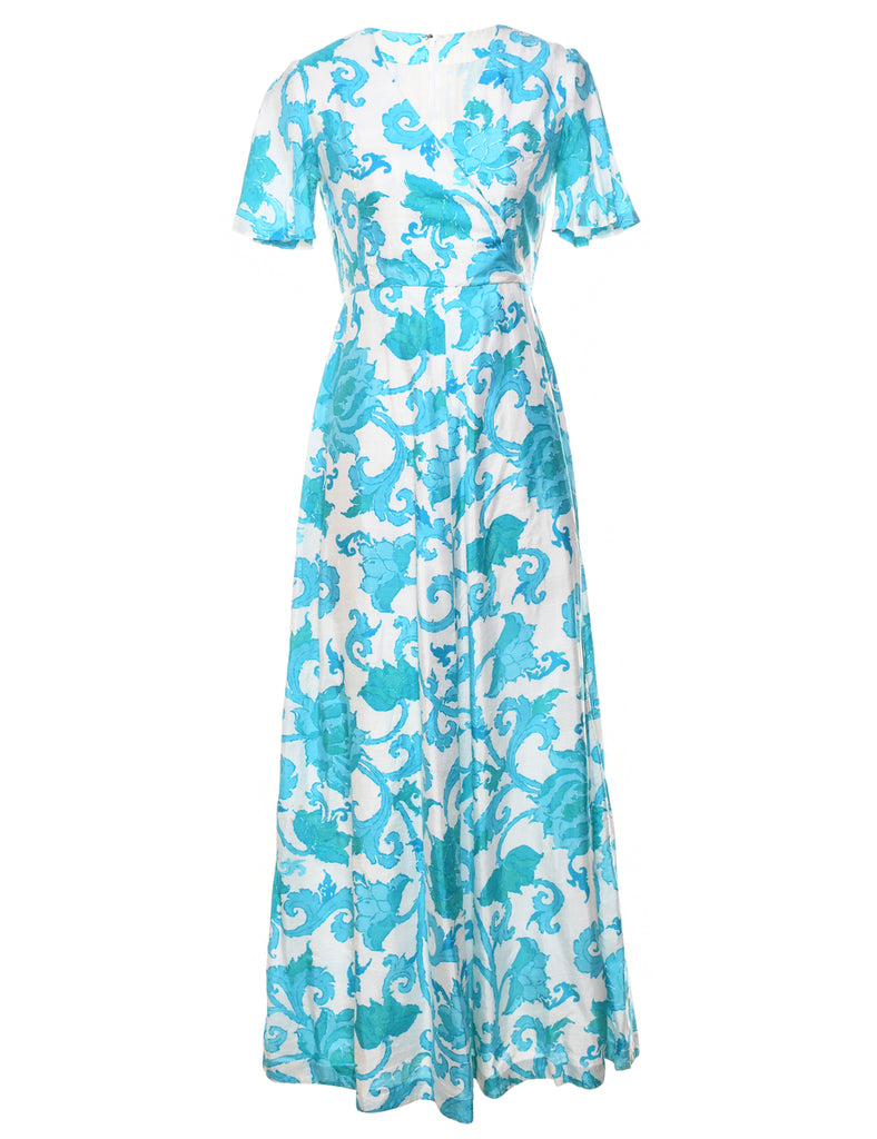 Silk Blend White & Turquoise 1970s Floral Print Maxi Dress - S