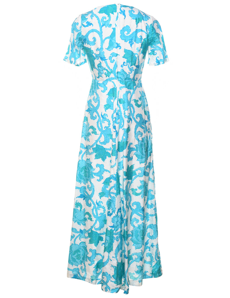 Silk Blend White & Turquoise 1970s Floral Print Maxi Dress - S