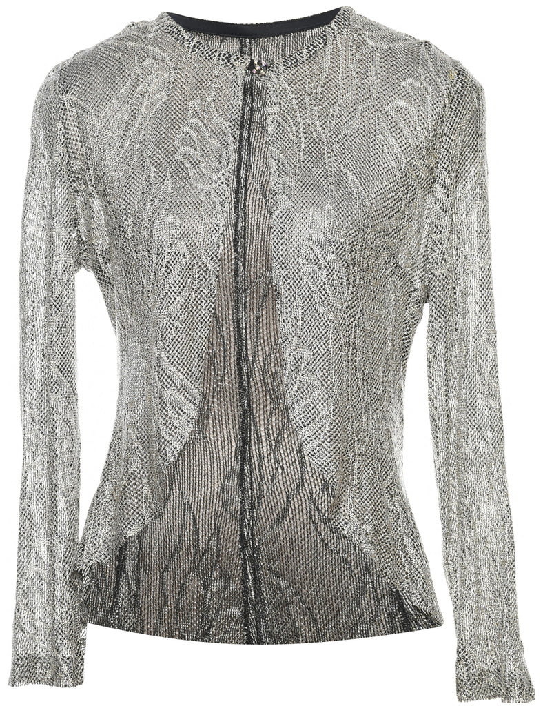 Silver Lace Asymmetrical Y2K Hem Blouse - M