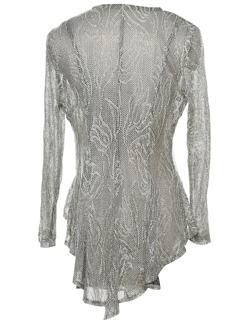 Silver Lace Asymmetrical Y2K Hem Blouse - M