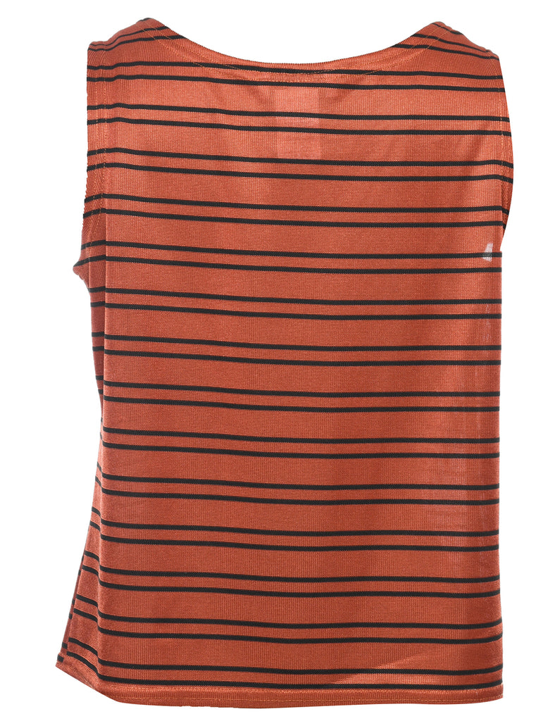 Sleeveless Striped Black & Terracotta Printed Top - M