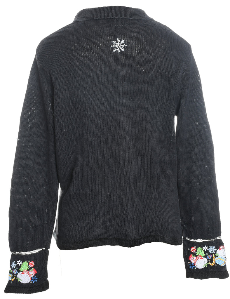 Snowfall Design Black Embroidered Zip-Front Christmas Cardigan - L