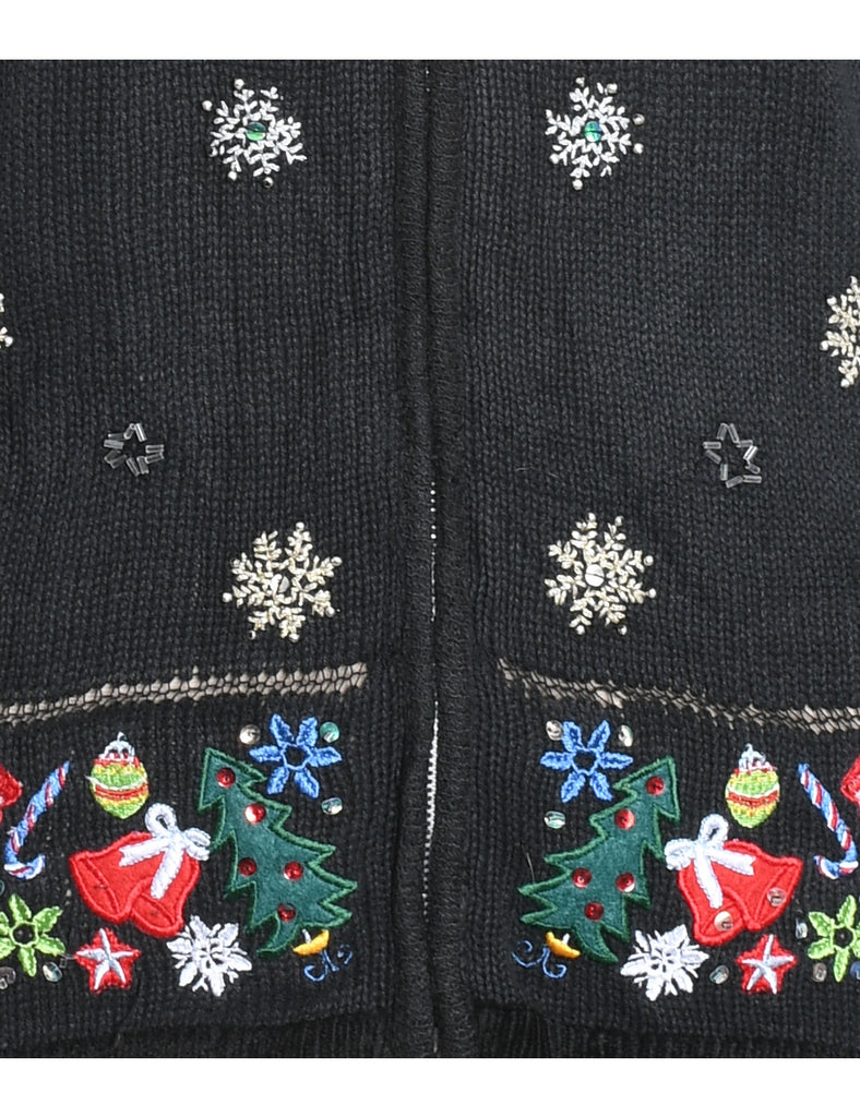 Snowfall Design Black Embroidered Zip-Front Christmas Cardigan - L