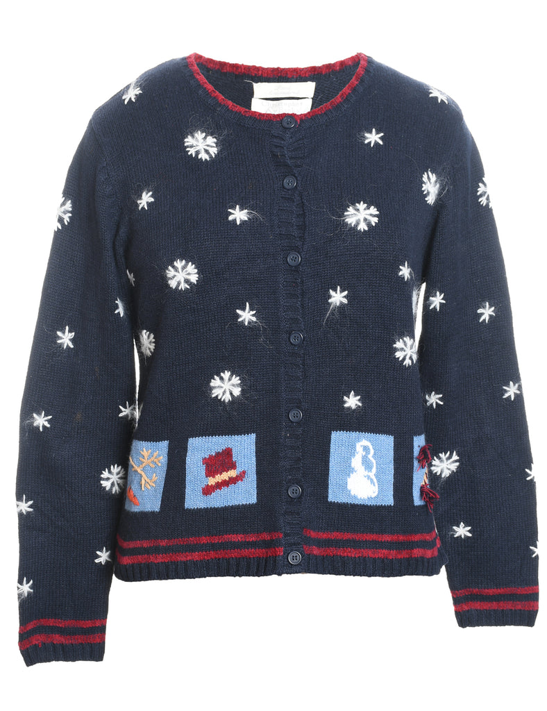 Snowfall Design Navy Embroidered Christmas Cardigan - S