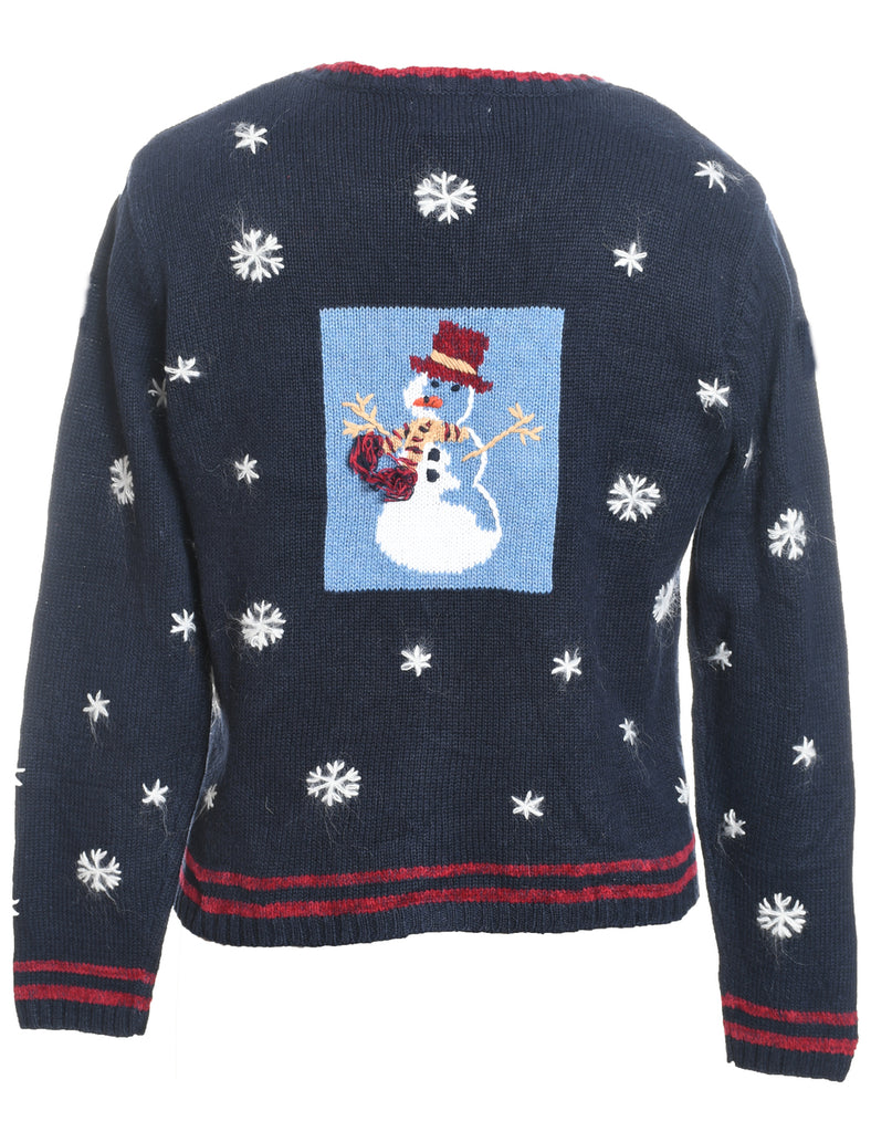 Snowfall Design Navy Embroidered Christmas Cardigan - S