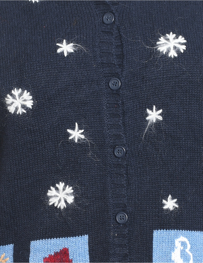 Snowfall Design Navy Embroidered Christmas Cardigan - S