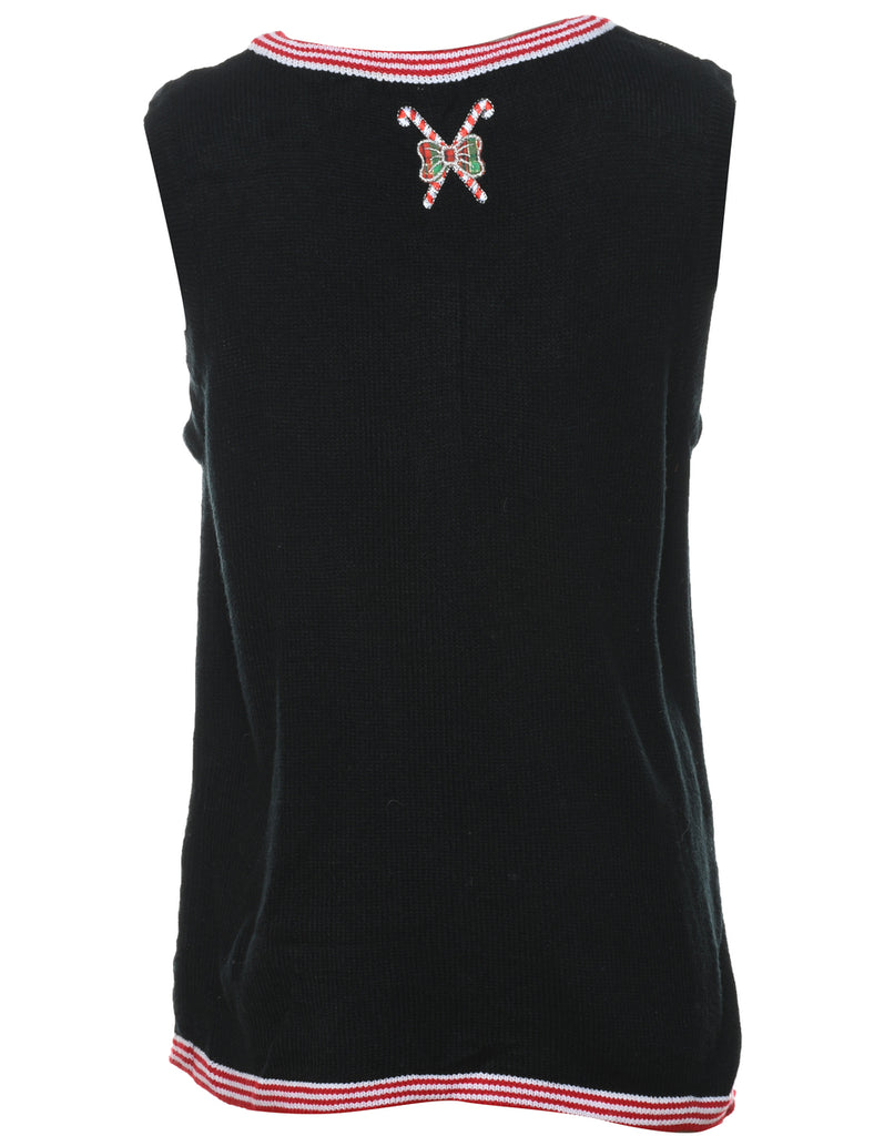 Snowman Design Black Appliqued Christmas Vest - M