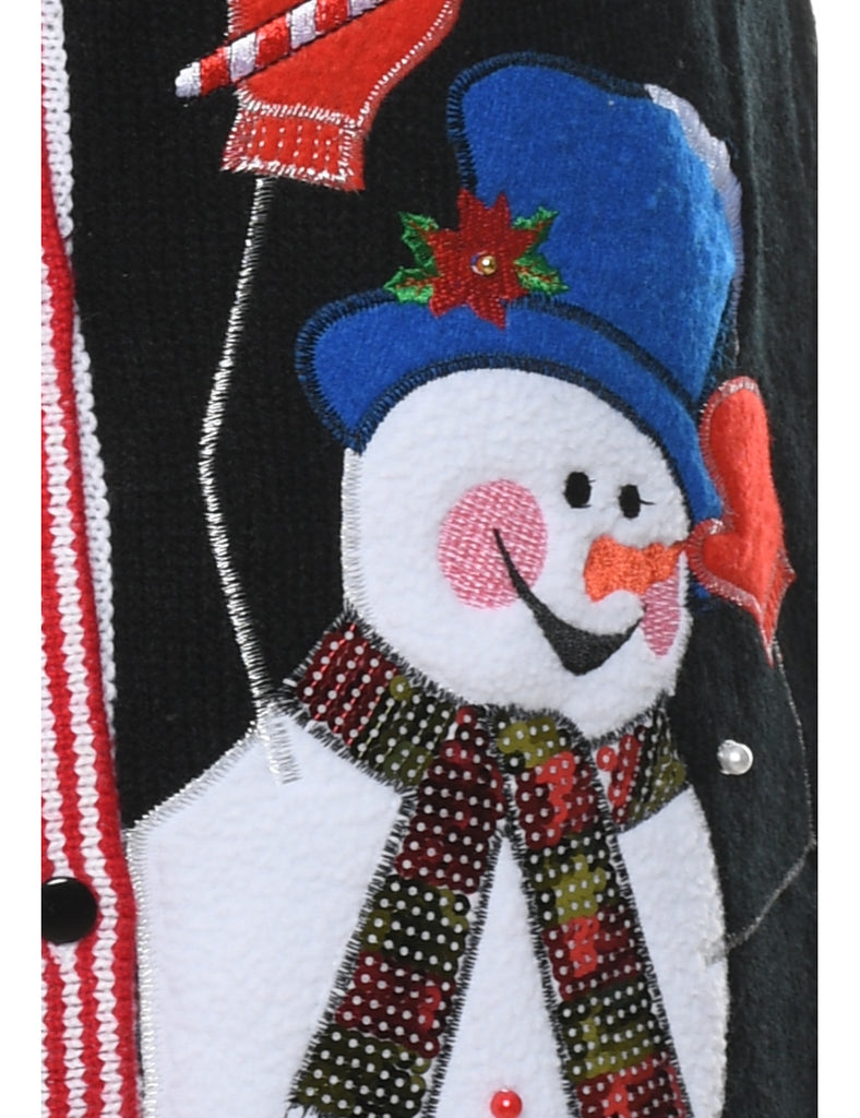 Snowman Design Black Appliqued Christmas Vest - M