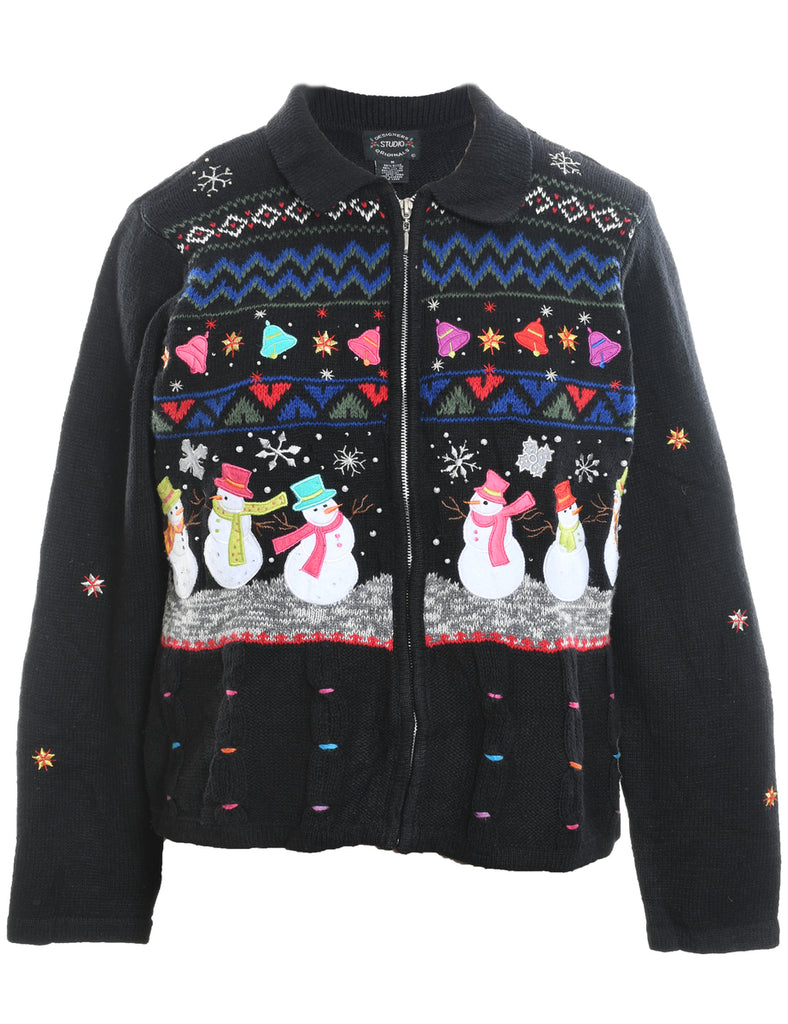 Snowman Design Black Christmas Cardigan - M