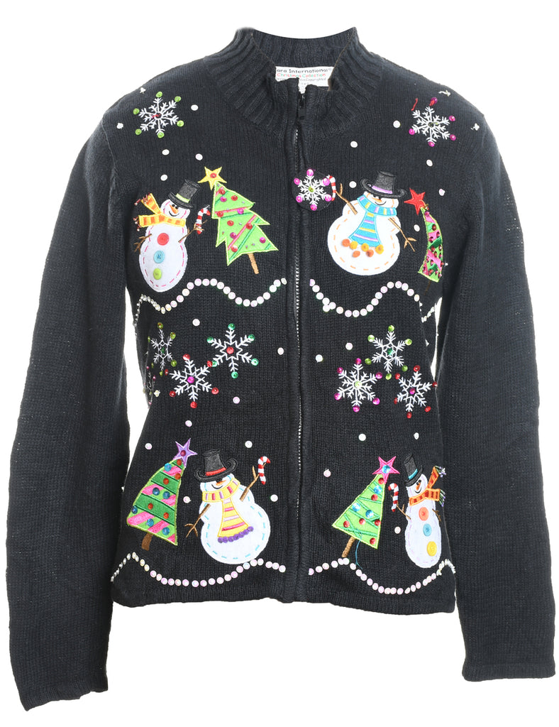 Snowman Design Black Christmas Cardigan - L