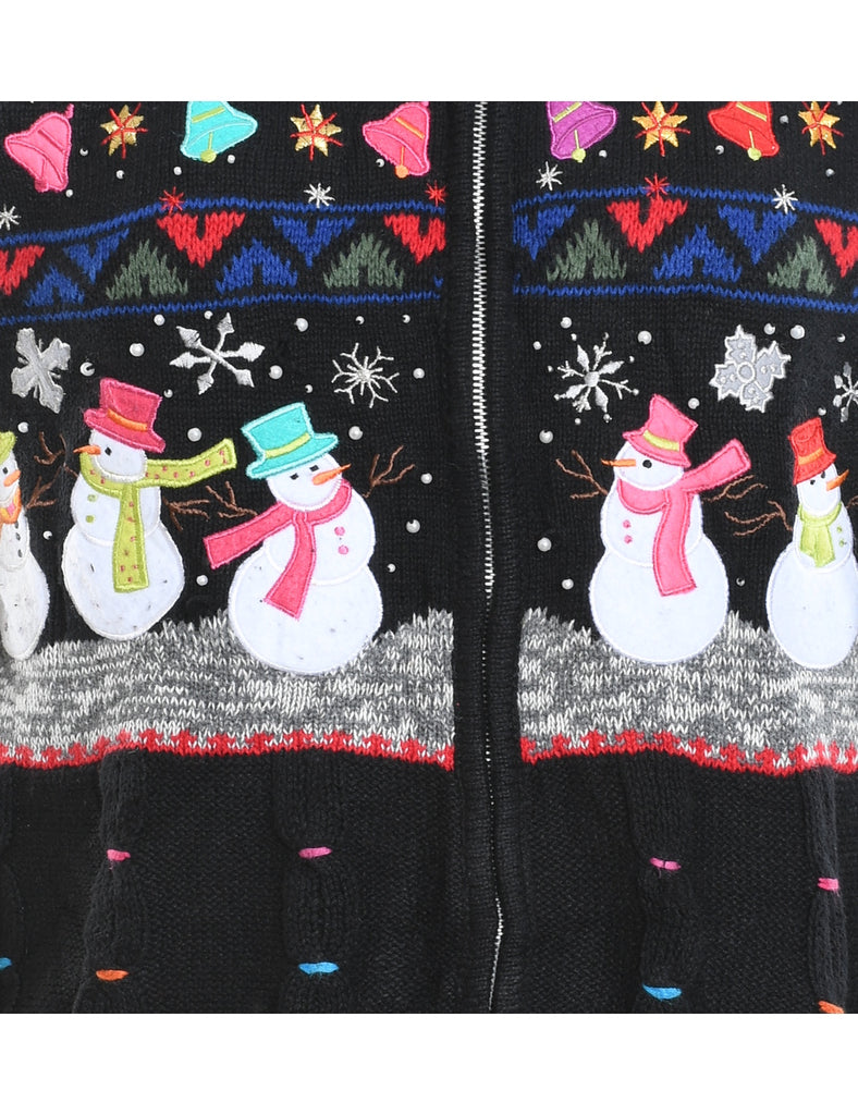 Snowman Design Black Christmas Cardigan - M