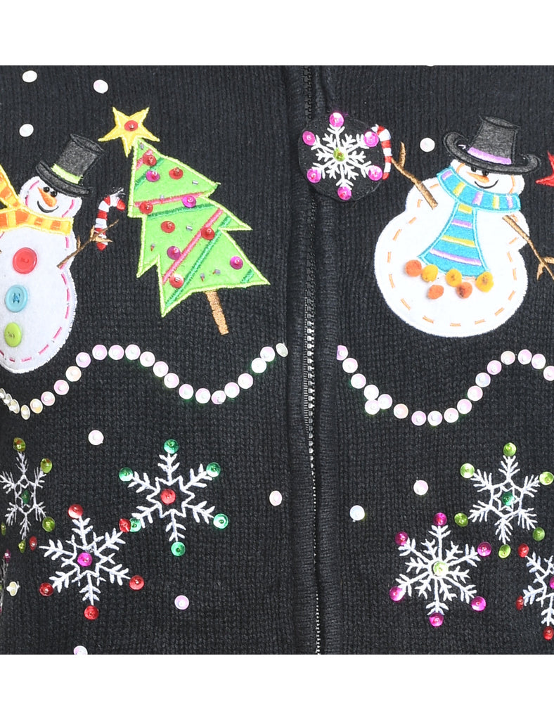 Snowman Design Black Christmas Cardigan - L