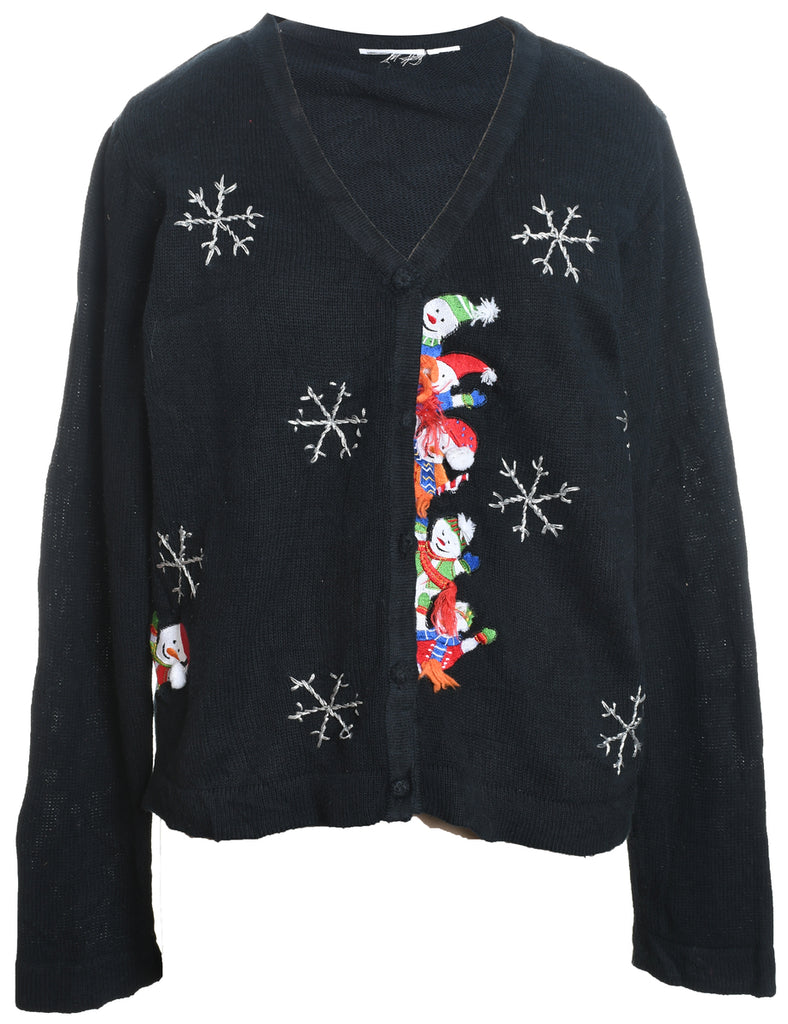 Snowman Design Black Classic Christmas Cardigan - L