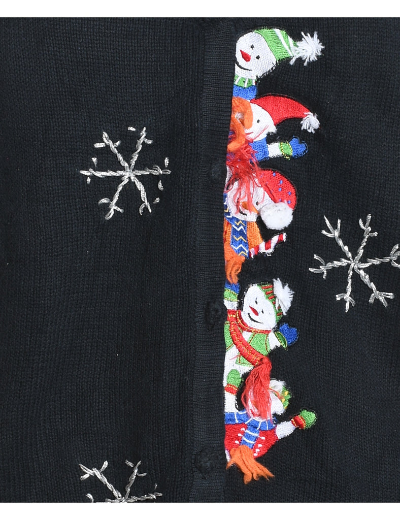 Snowman Design Black Classic Christmas Cardigan - L