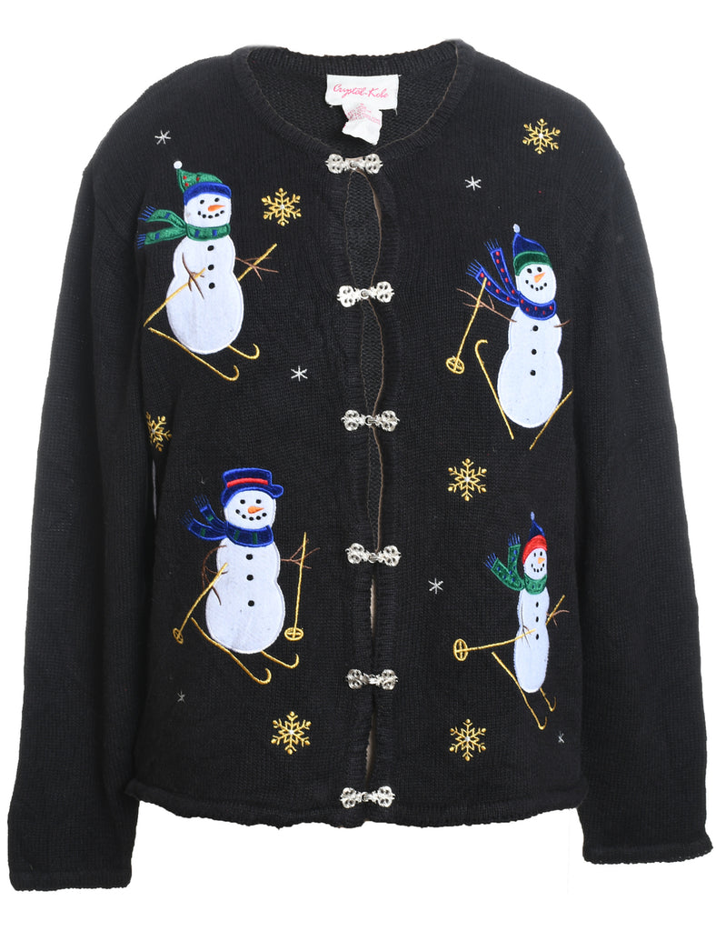 Snowman Design Black Embroidered Christmas Cardigan - S