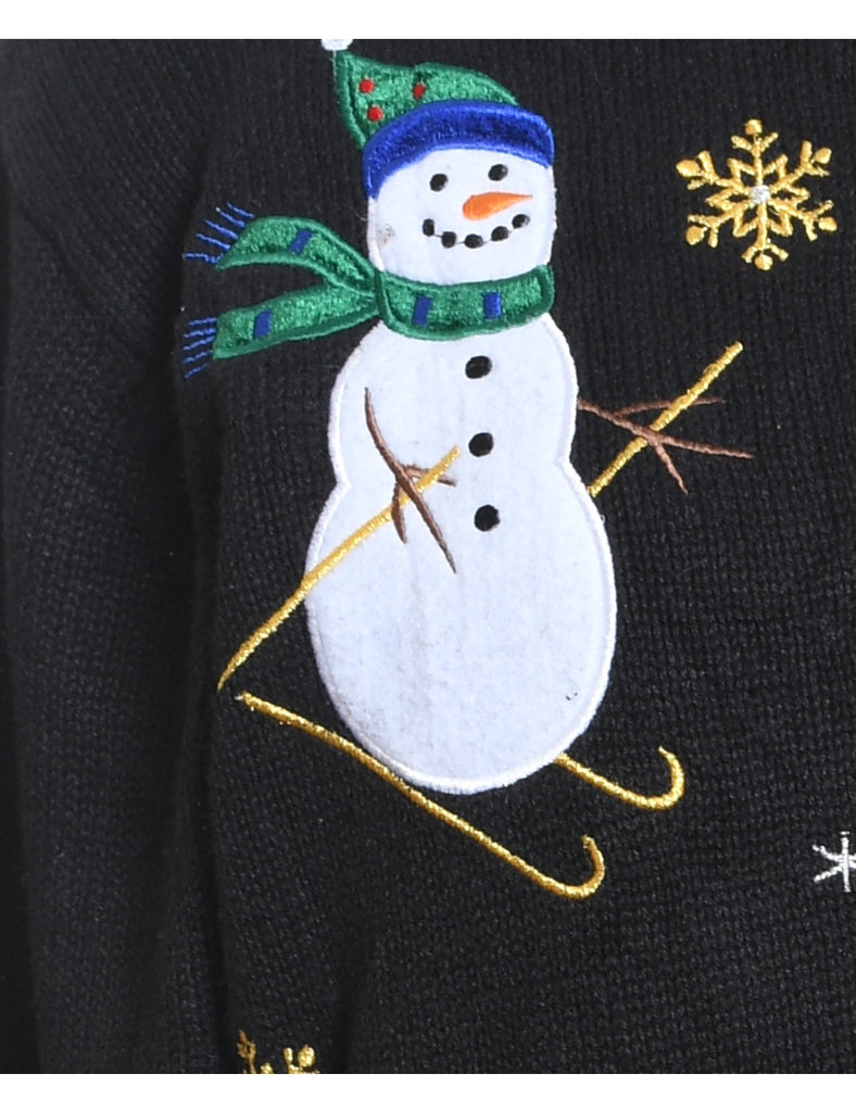 Snowman Design Black Embroidered Christmas Cardigan - S