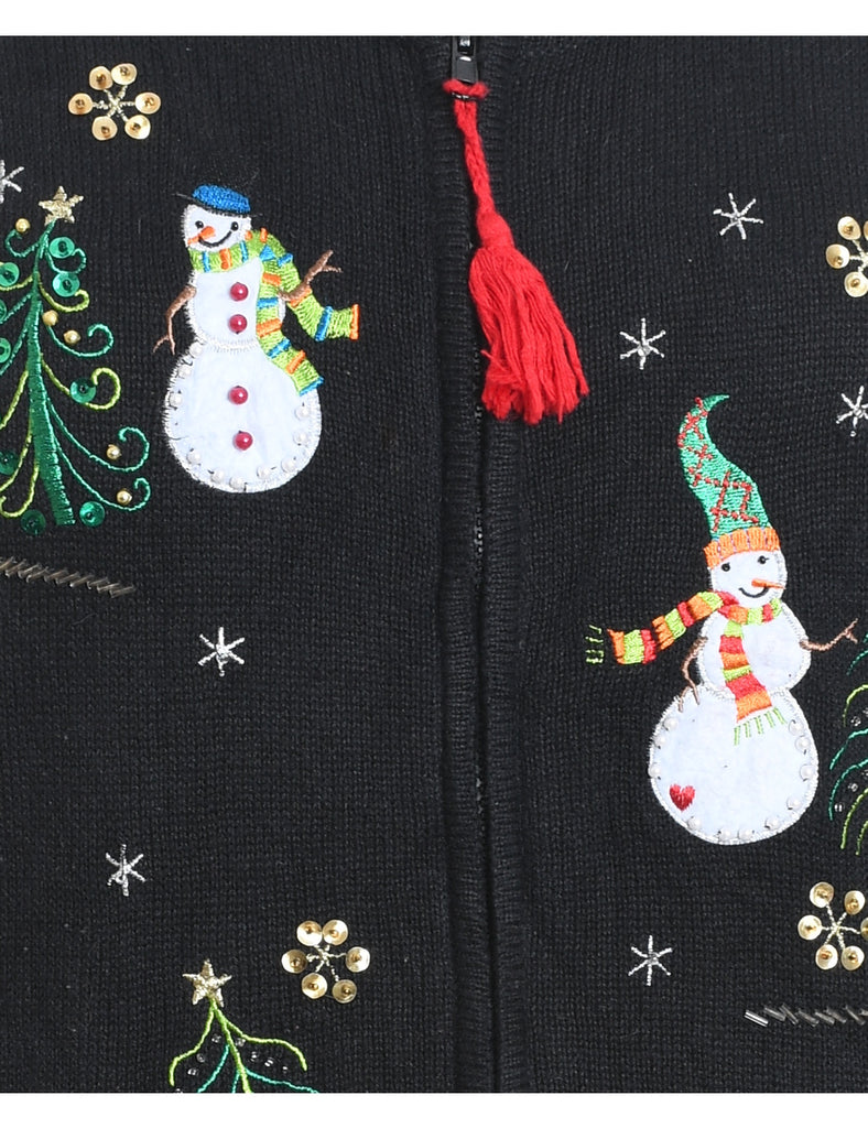 Snowman Design Black Embroidered Christmas Cardigan - M