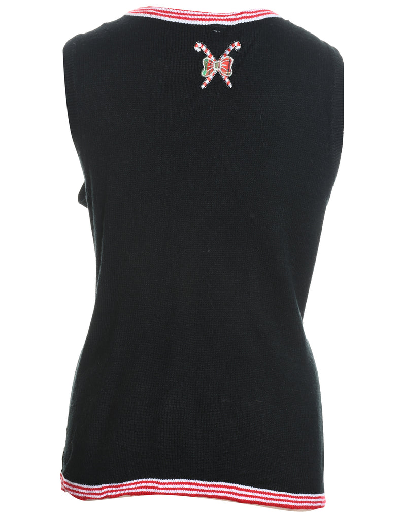 Snowman Design Black Embroidered Christmas Vest - L