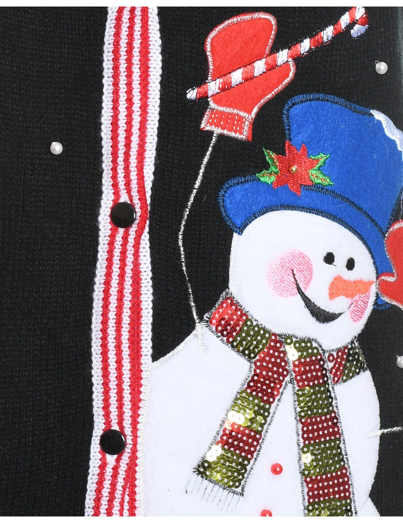 Snowman Design Black Embroidered Christmas Vest - L