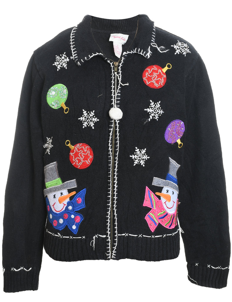 Snowman Design Black Embroidered Zip-Front Christmas Cardigan - L