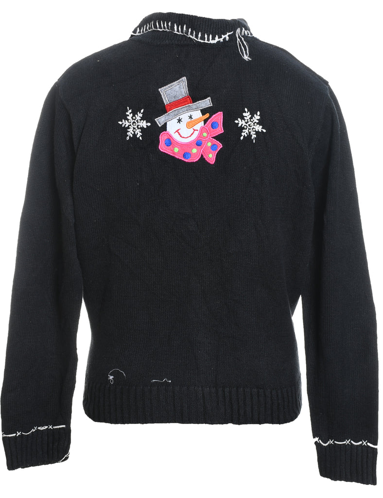 Snowman Design Black Embroidered Zip-Front Christmas Cardigan - L