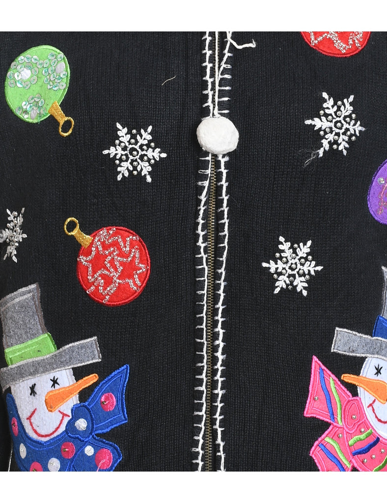 Snowman Design Black Embroidered Zip-Front Christmas Cardigan - L