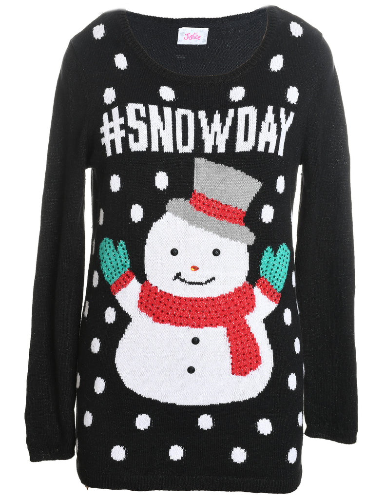 Snowman Design Black Knit Christmas Jumper - L