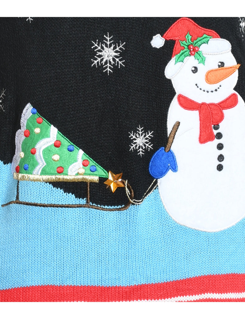 Snowman Design Black Knit Christmas Jumper - S