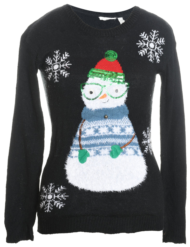 Snowman Design Black Sequined Knit Christmas Jumper - S